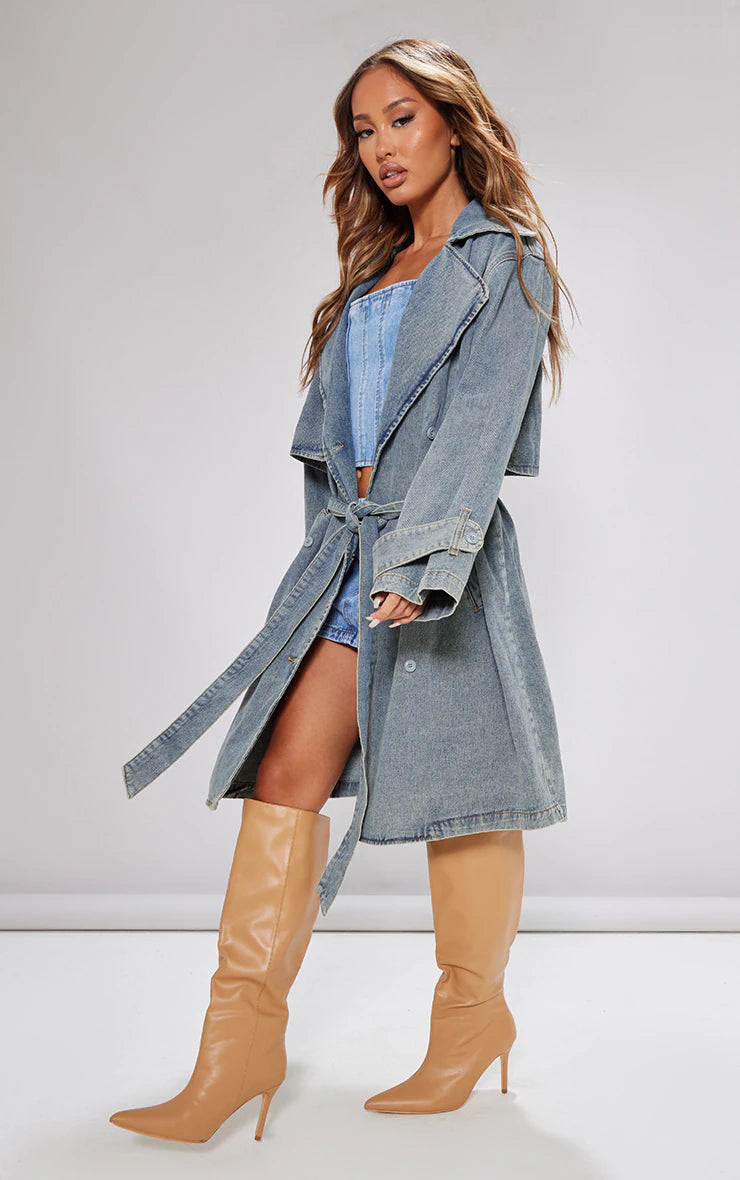 PETITE INDIGO VINTAGE WASH OVERSIZED DENIM TRENCH COAT