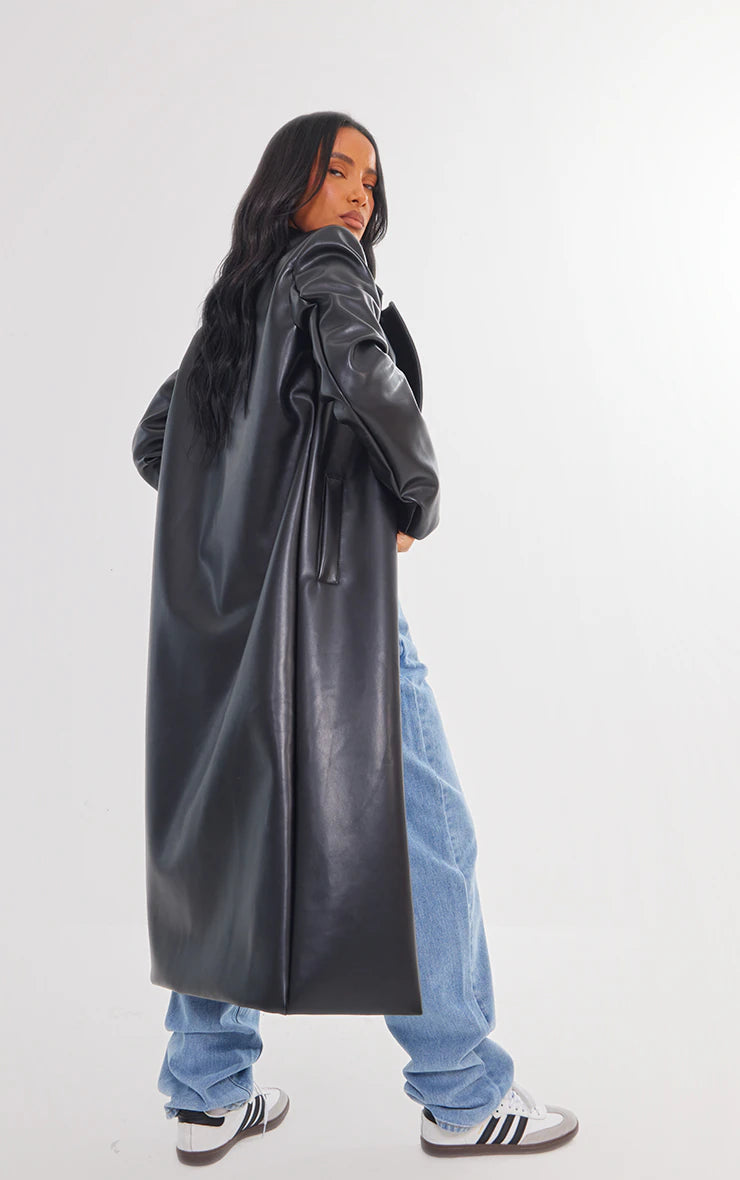 Black Shoulder Padded Faux Leather Longline Coat