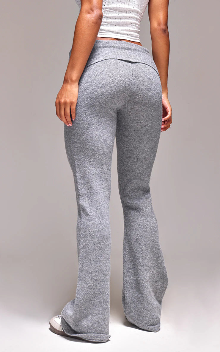 Ash Grey Melange Soft Knit Foldover Waist Flared Pants