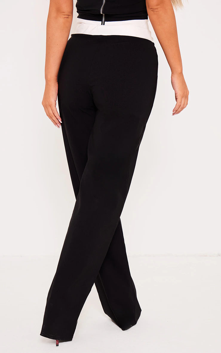 Black Stretch Woven Contrast Wide Leg Pants