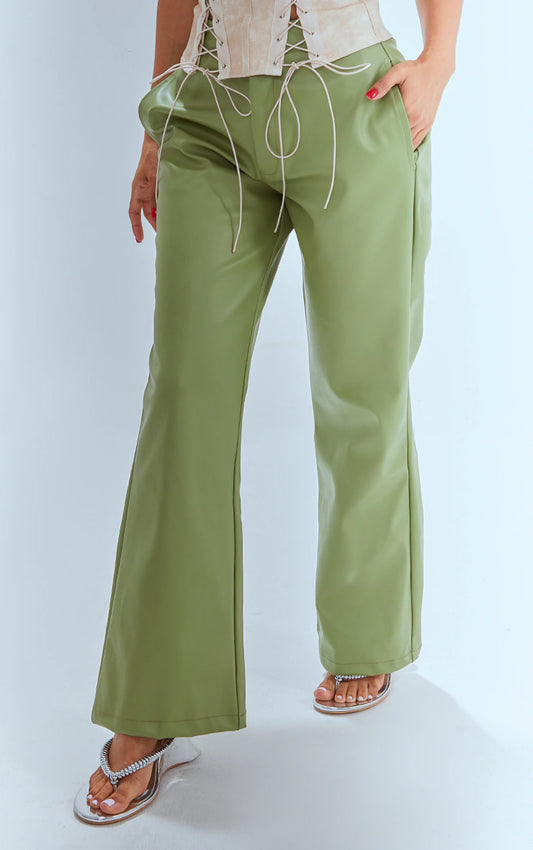 Petite Sage Faux Leather Straight Leg Trousers