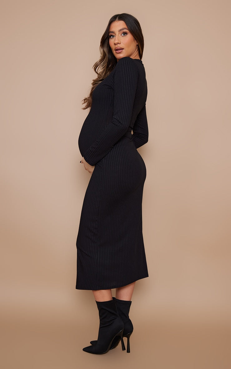 Maternity Black Ribbed Long Sleeve Midi Dress