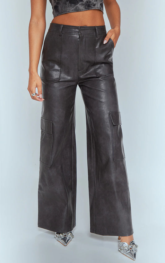 WASHED BLACK FAUX LEATHER POCKET WIDE LEG CARGO PANTS