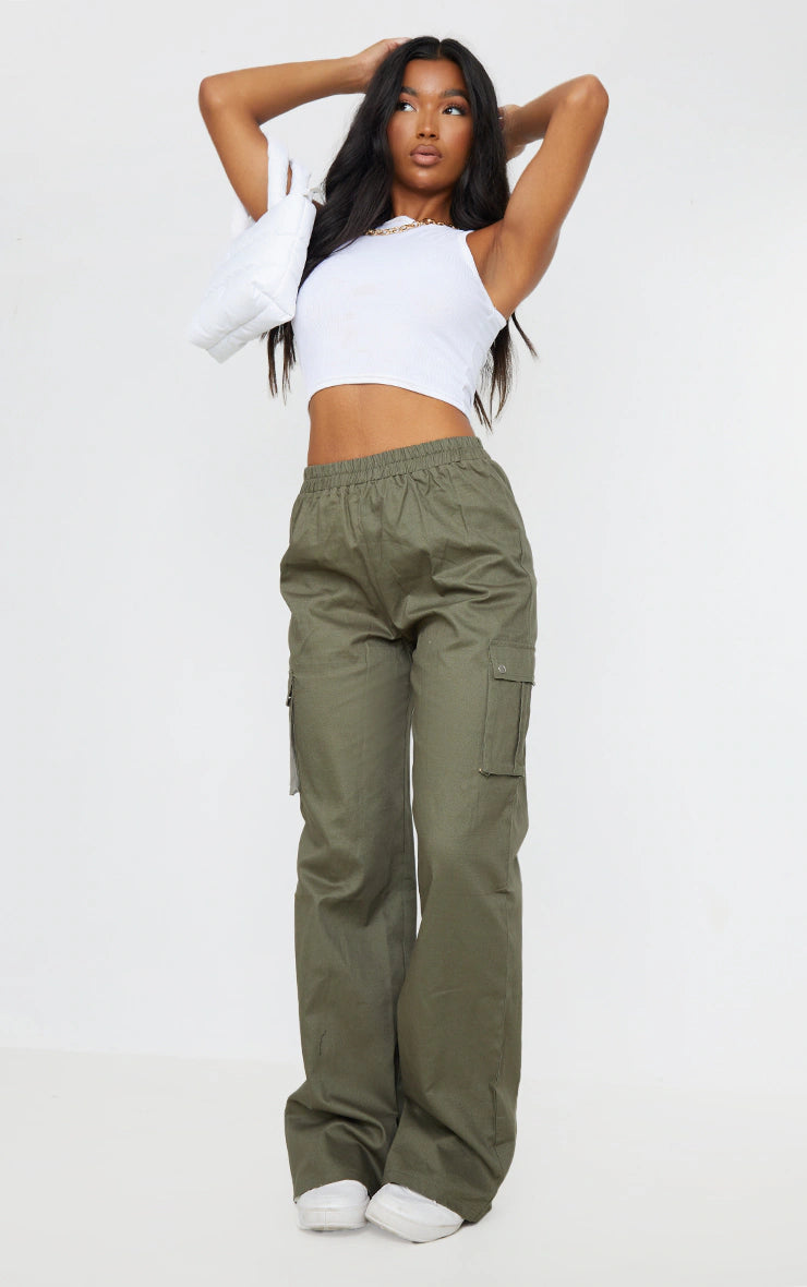 Khaki Wide Leg High Waisted Cargo Pants