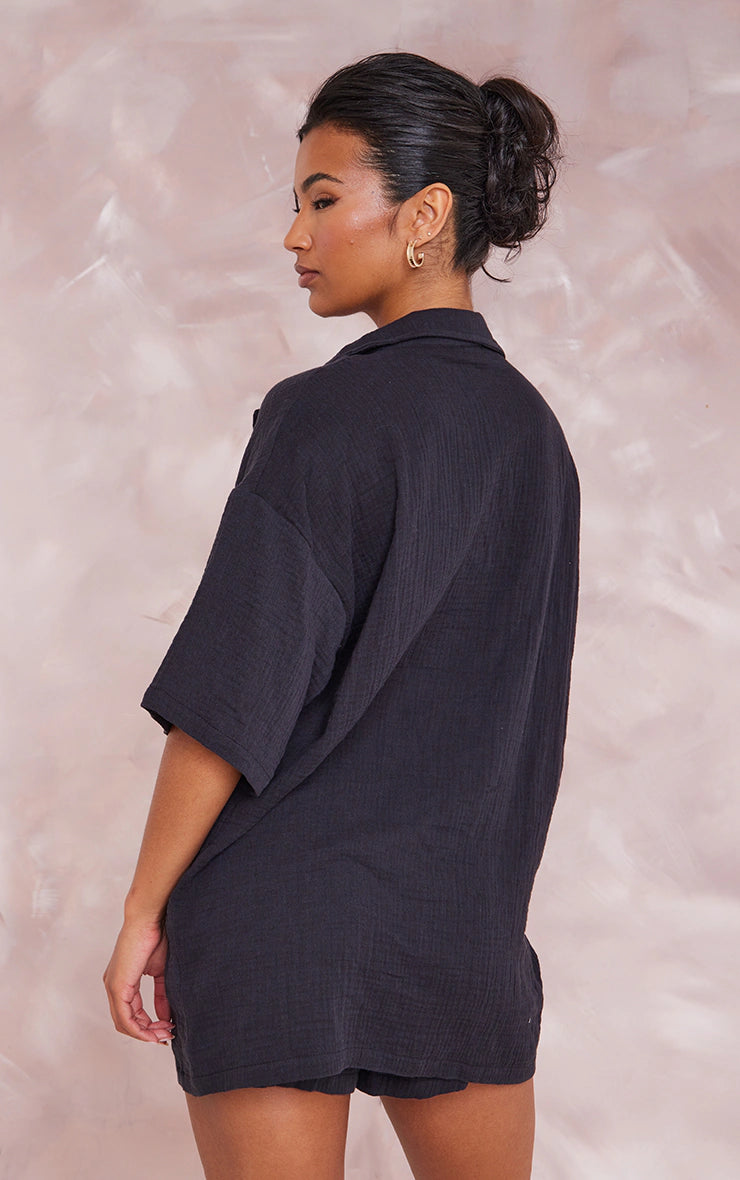 Black Woven Pocket Detail Short Sleeved Oversized Shirt