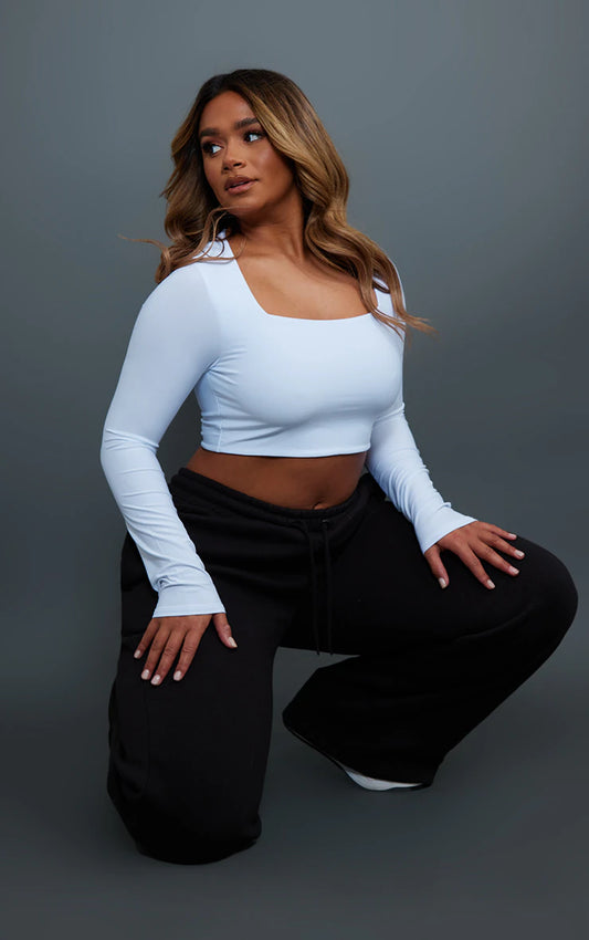 Shape White Slinky Long Sleeve Square Neck Crop Top