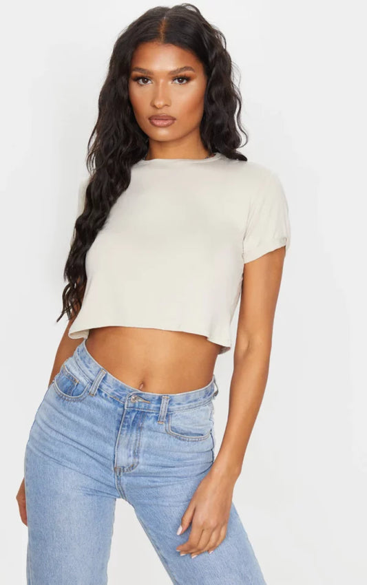 Basic Stone Roll Sleeve Crop T Shirt