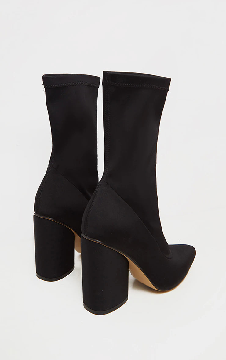 Black Chunky Block Heel Sock Boot