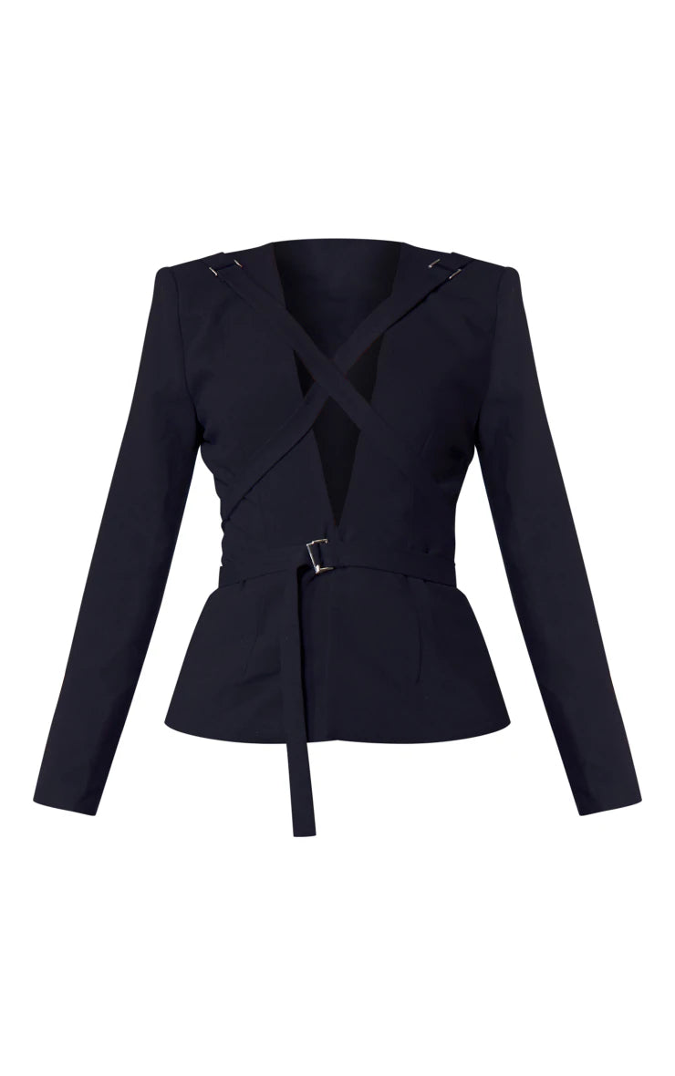 LABEL BLACK STRAP DETAIL CROSS OVER OVERSIZED BLAZER