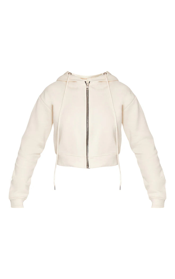 Cream Zip Crop Hoodie