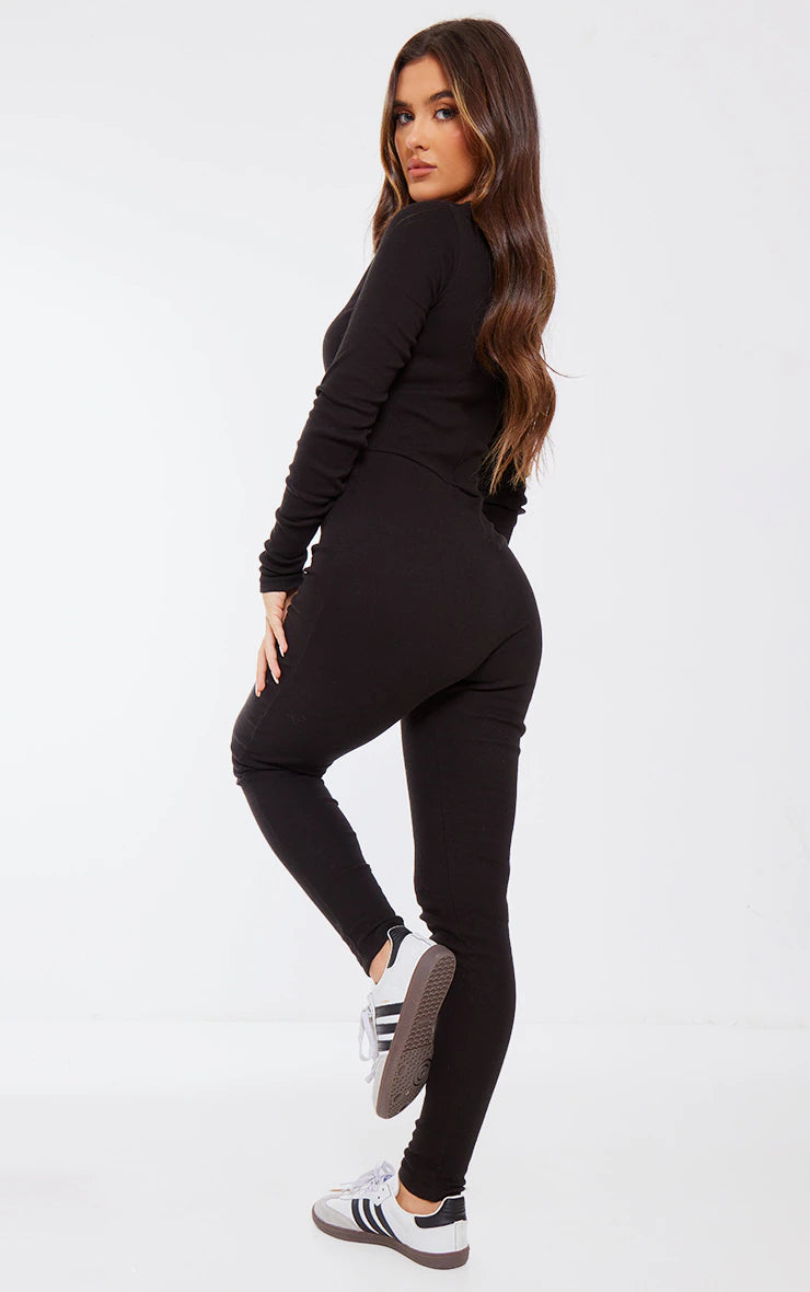 Black Ribbed Long Sleeve Jumpsuit