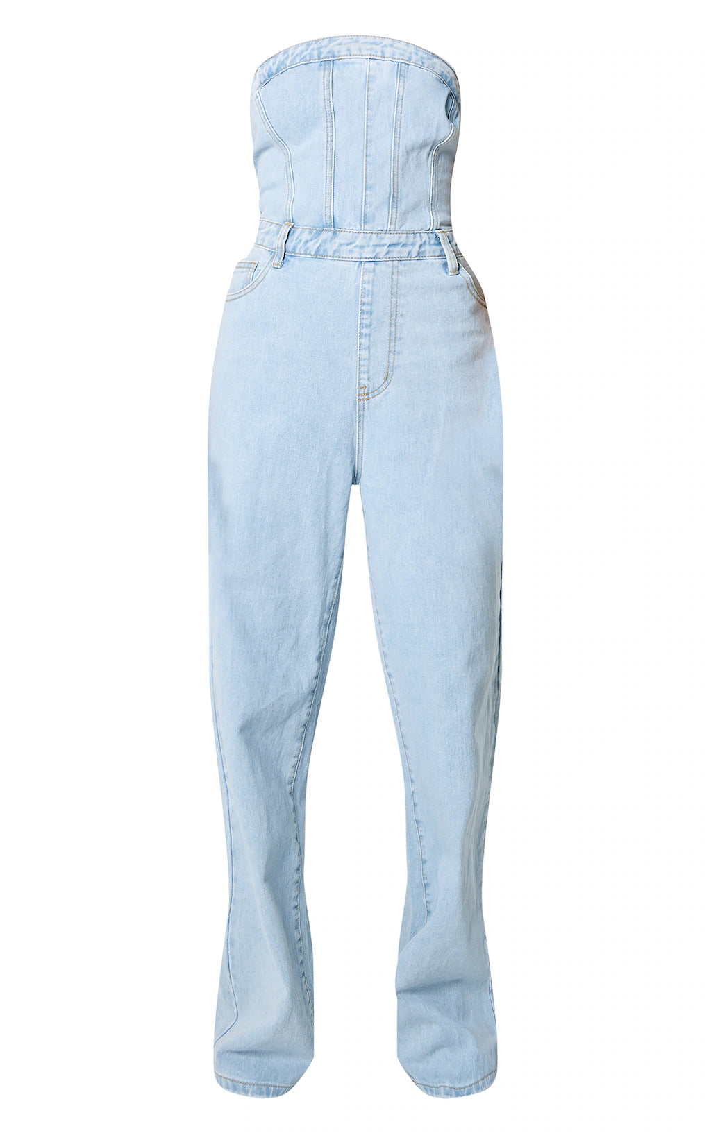 LIGHT BLUE WASH BANDEAU DENIM JUMPSUIT