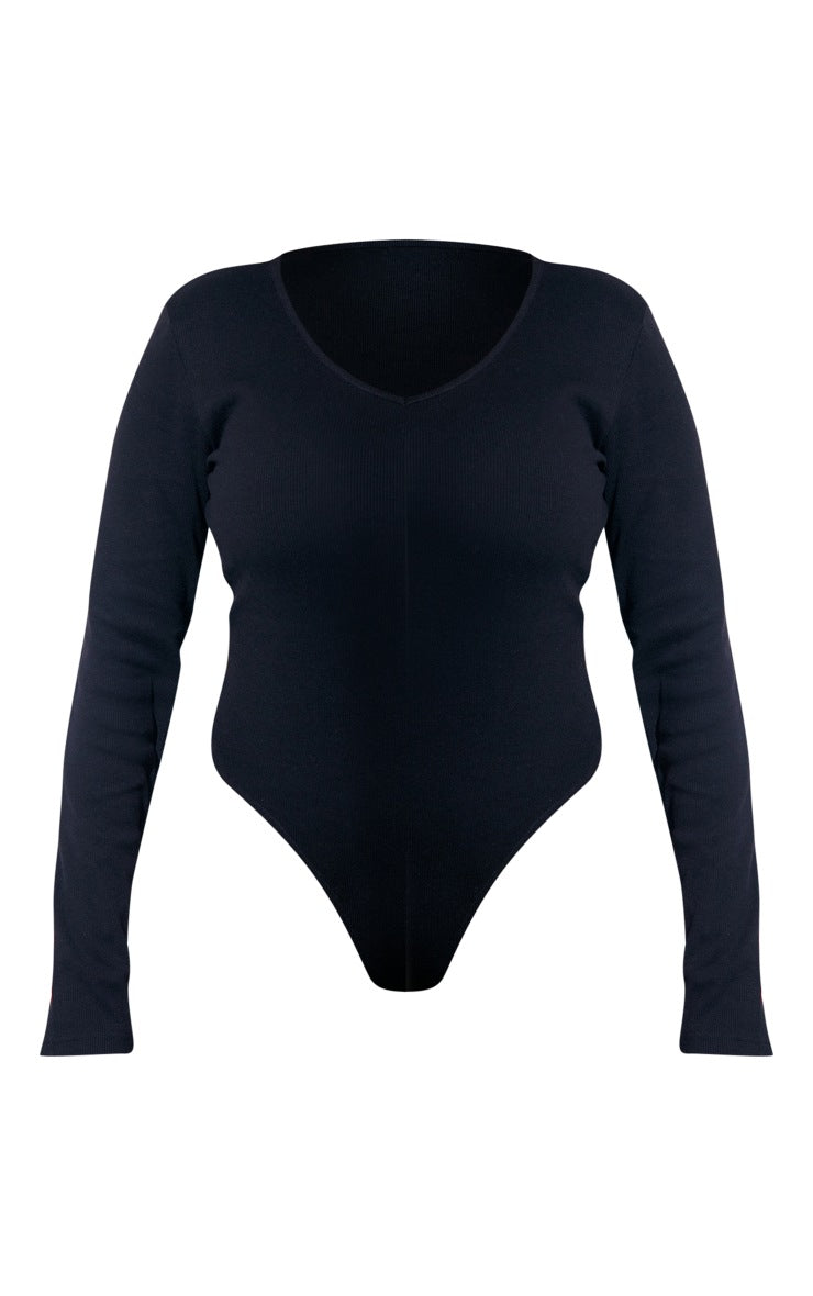 Plus Black Basic Rib V Neck Long Sleeve Bodysuit