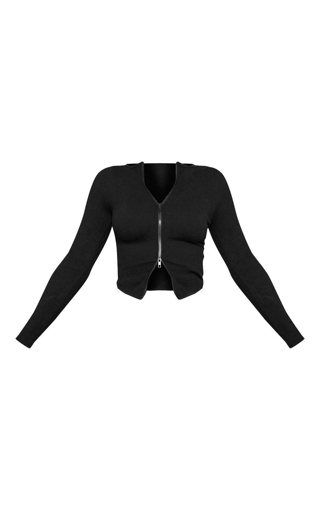 Black Contour Rib Double Zip Top