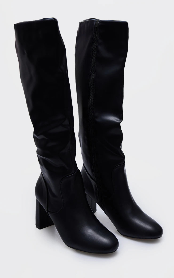 Black PU Round Toe Stitch Detail High Block Heeled Knee Boots