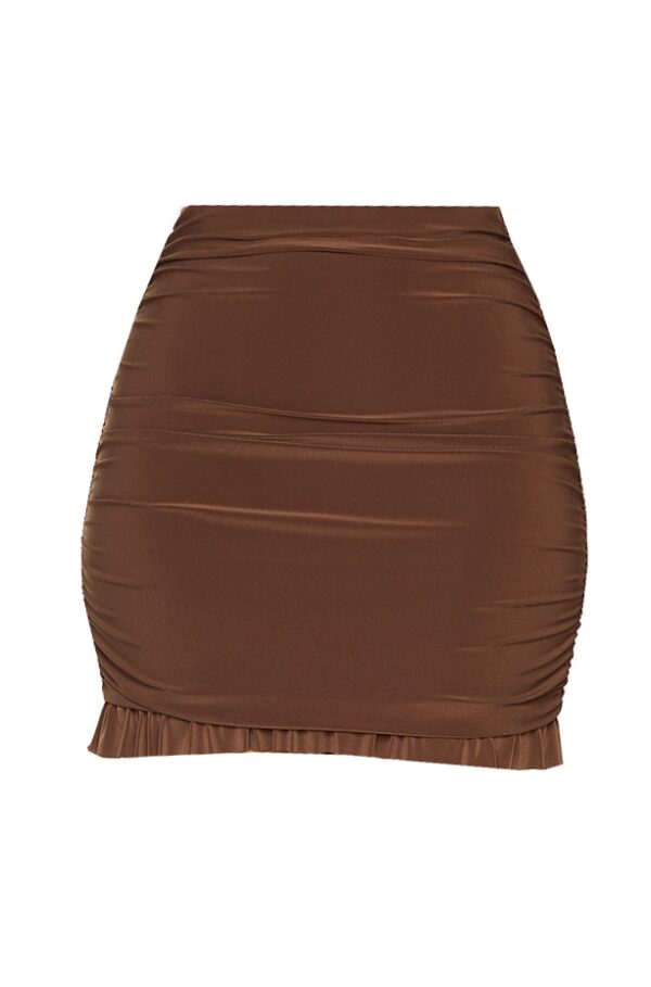 Chocolate Brown Slinky Ruched Side Frill Panel Hem Mini Skirt