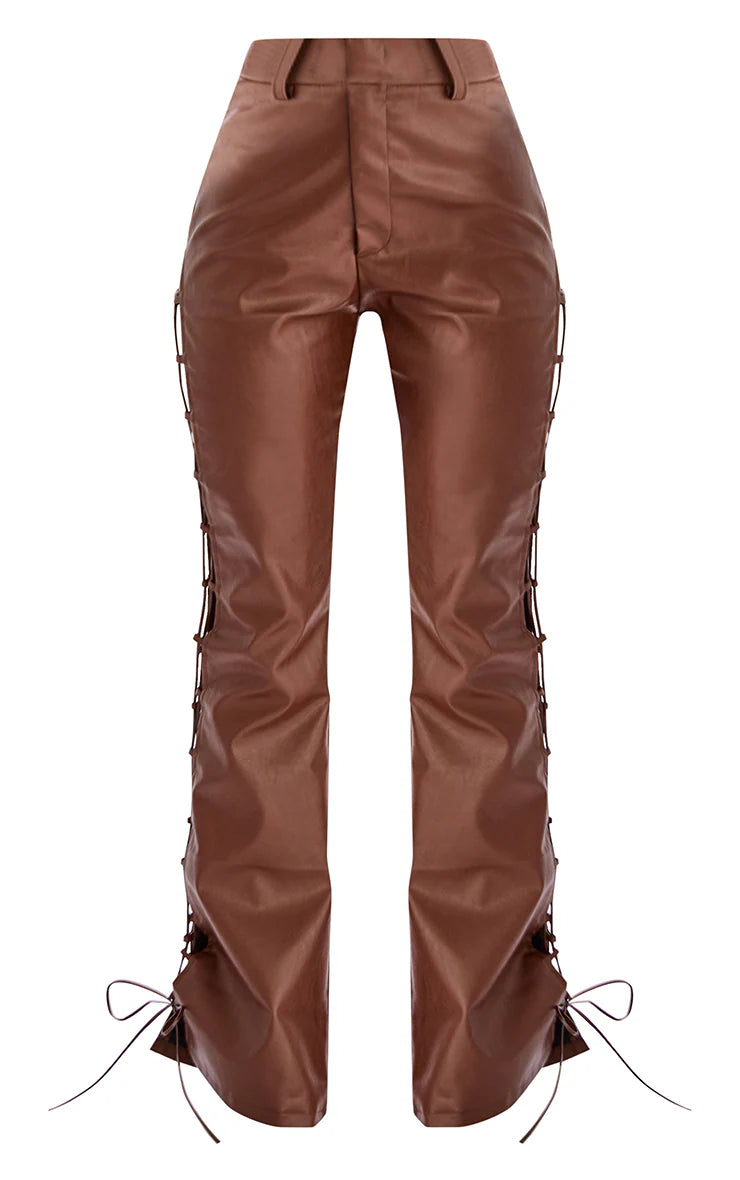 Chocolate Faux Leather Lace Up Side Flared Trousers