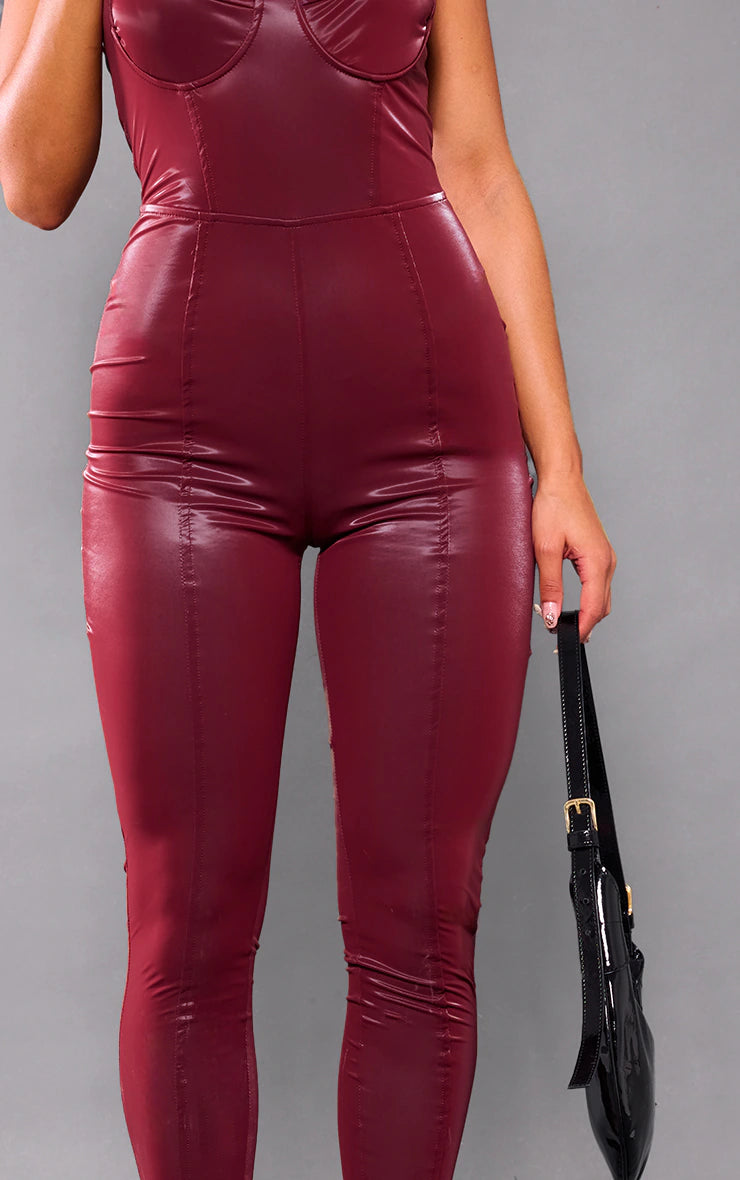 Cherry Red Matte Vinyl Underwired Strappy Jumpsuit