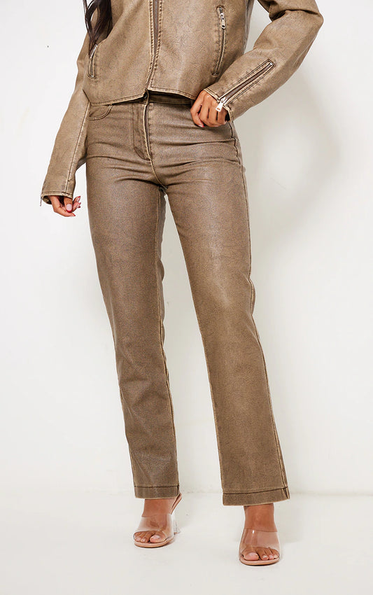 Premium Washed Light Brown Faux Leather Low Rise Straight Leg Trousers