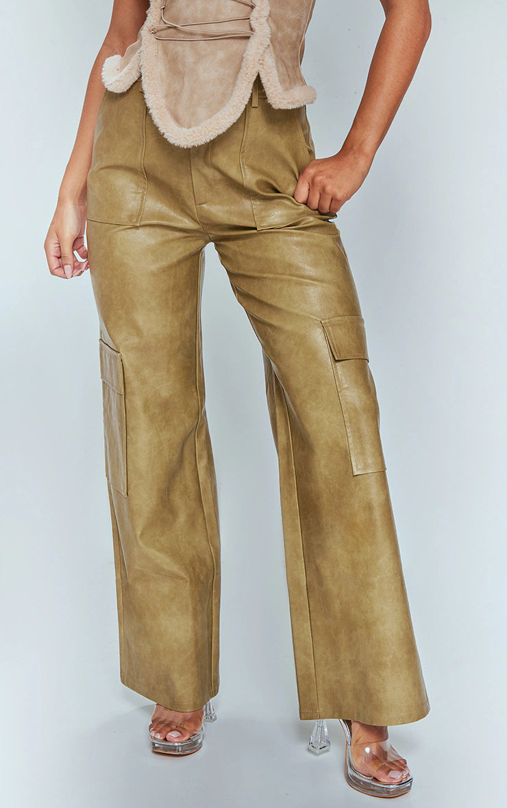 PREMIUM OLIVE WASHED FAUX LEATHER POCKET WIDE LEG CARGO PANTS