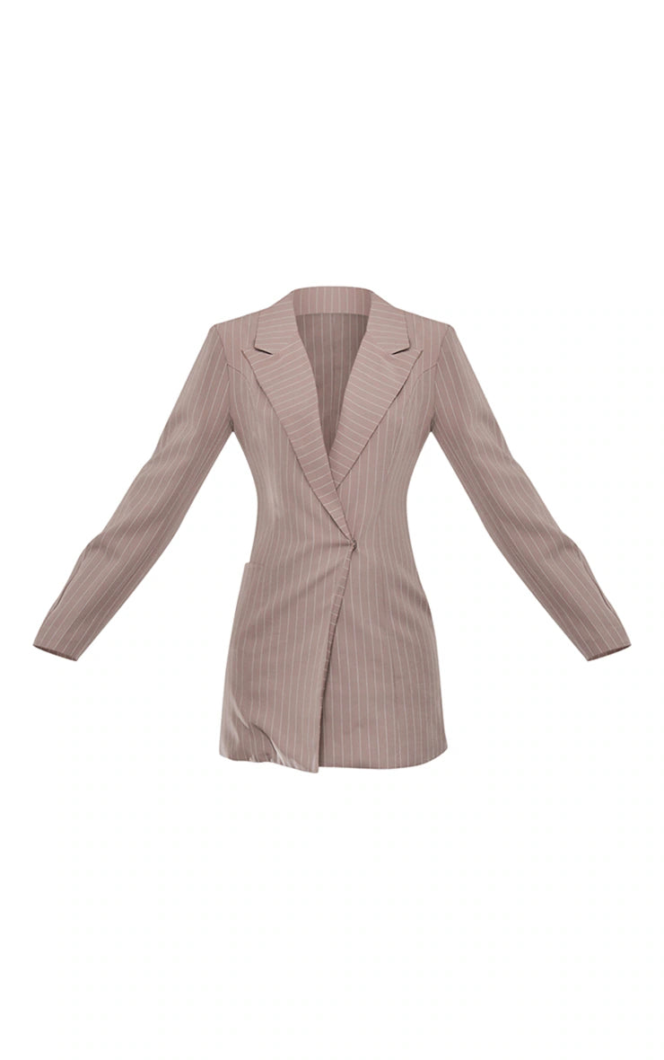 Stone Woven Stripe Pocket Long Sleeve Blazer Dress