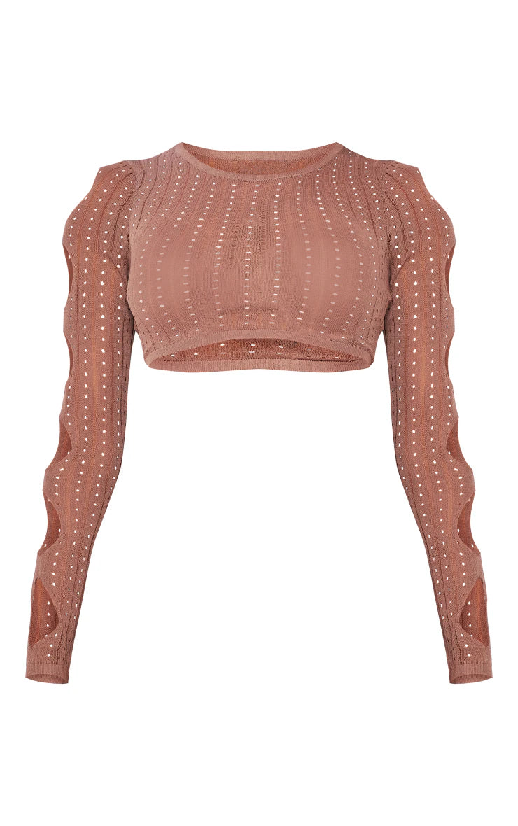 Mocha Sheer Knit Hole Detail Crop Top