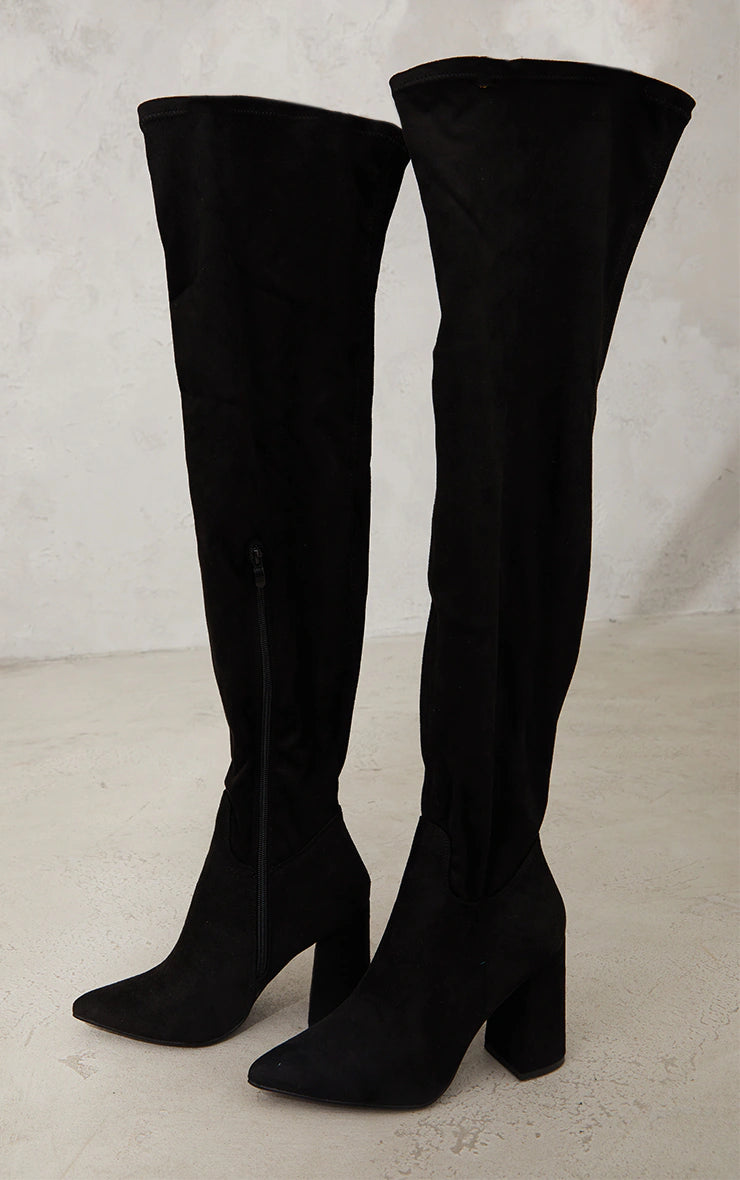 Black Wide Fit Point Toe Over The Knee Boots