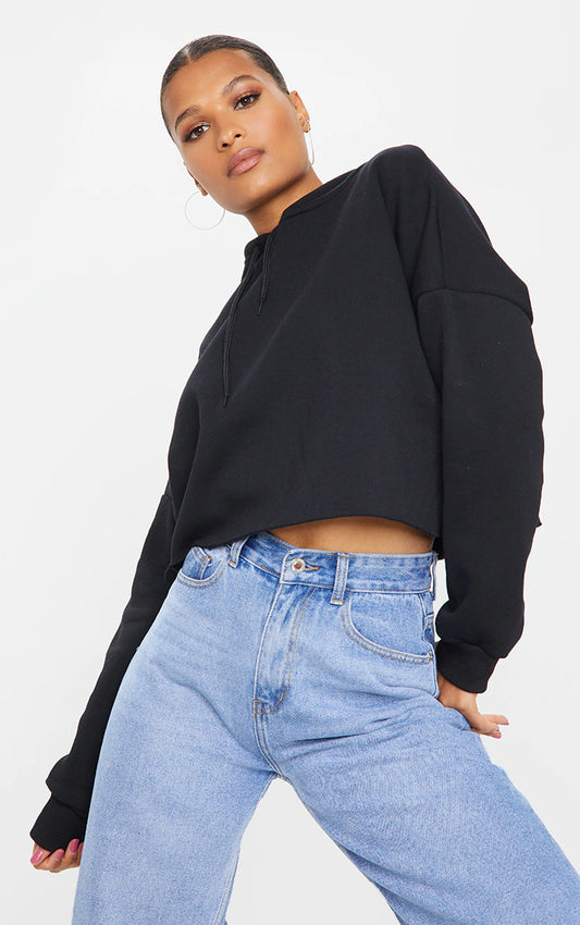 Black Oversized Fit Cropped Hoodie