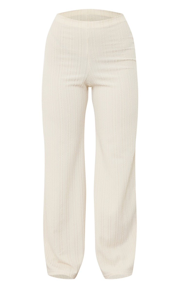 Cream Textured Ribbed High Waisted Wide Leg Trousers