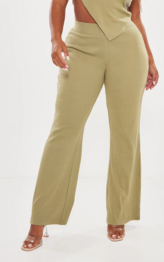 SHAPE KHAKI RIB HIGH WAISTED FLARE PANTS