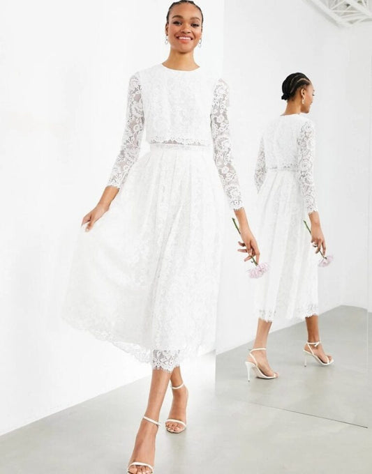 Kate Crop Top Lace Midi Wedding Dress