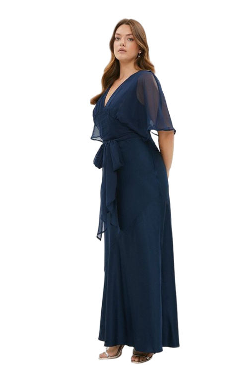 Jacques Vert Navy Plus Size Angel Sleeve Satin Maxi Dress