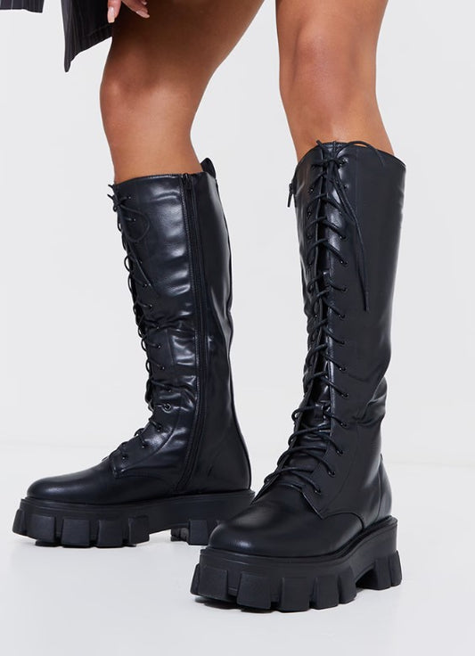 Black Pu Extreme Cleated Lace Up Knee High Boots