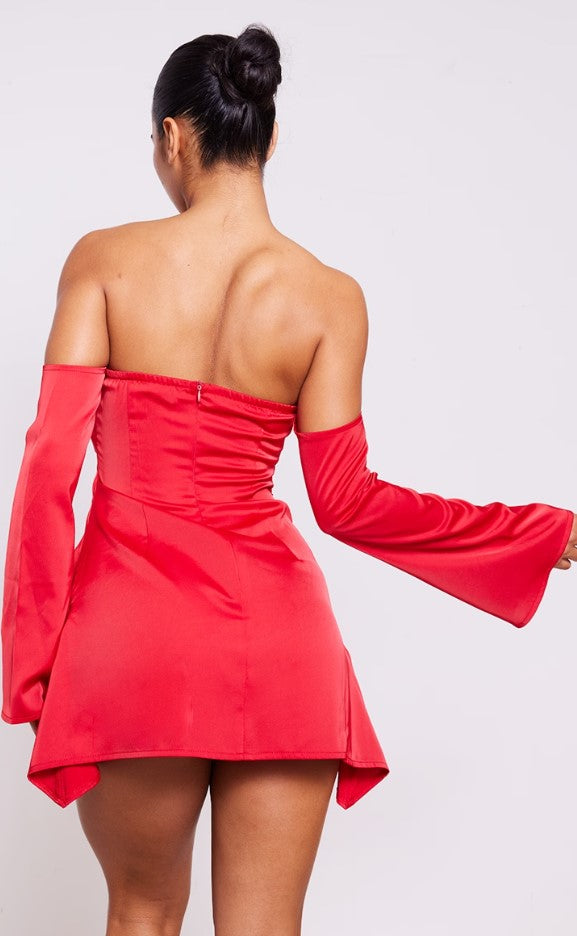 Red Satin Corset Bardot Ruched Long Sleeve Shift Dress