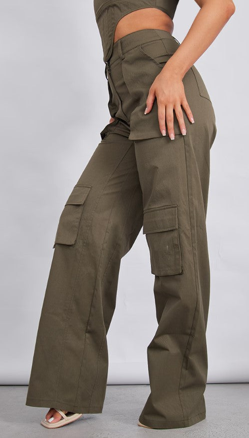 Khaki Twill Pocket Detail High Waist Cargo Trousers