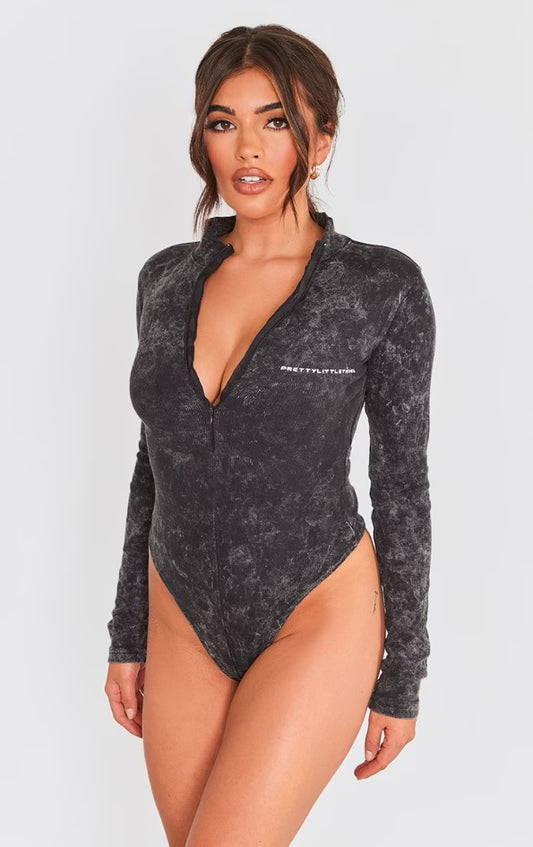 Charcoal Print Washed Rib Half Zip Bodysuit