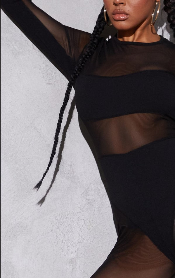 BLACK MESH PANELLED LONG SLEEVE JUMPSUIT