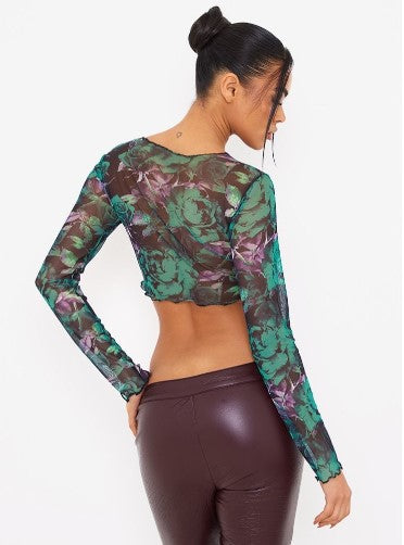 DARK GREEN ABSTRACT PRINT MESH CONTRAST SEAM CROP TOP