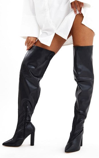 Black Wide Fit Pu Point Toe High Heeled Over The Knee Boots