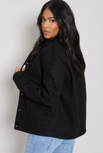 TALL BLACK OVERSIZED WOOL LOOK BOMBER JACKET