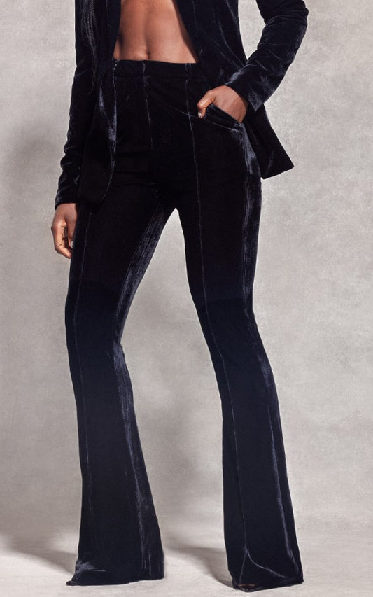 Black Velvet Pintuck Detail Flared Trousers