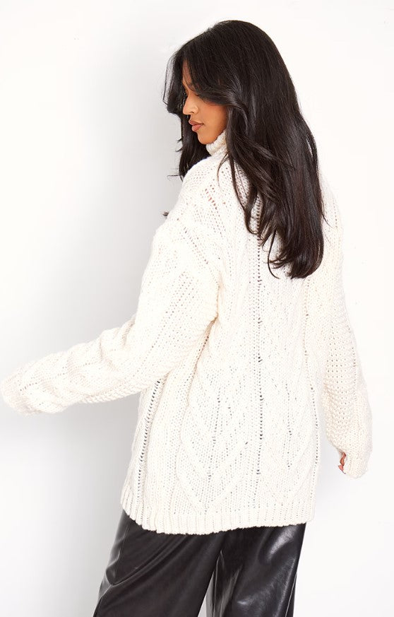 Tall Cream Chunky Cable Knit Turtle Neck Jumper