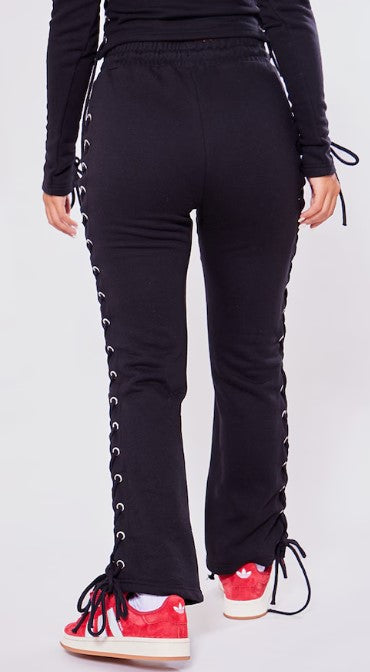 Petite Black Eyelet Detail Lace Up Joggers