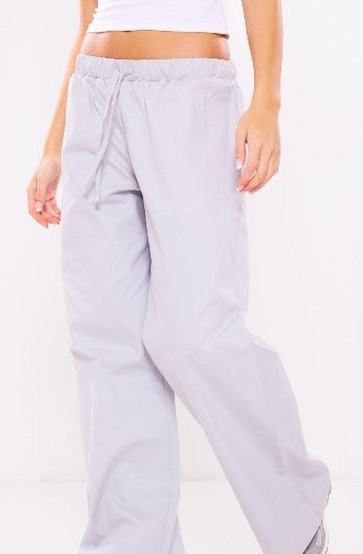 Light Grey Soft Twill Drawstring Waist Wide Leg Trousers