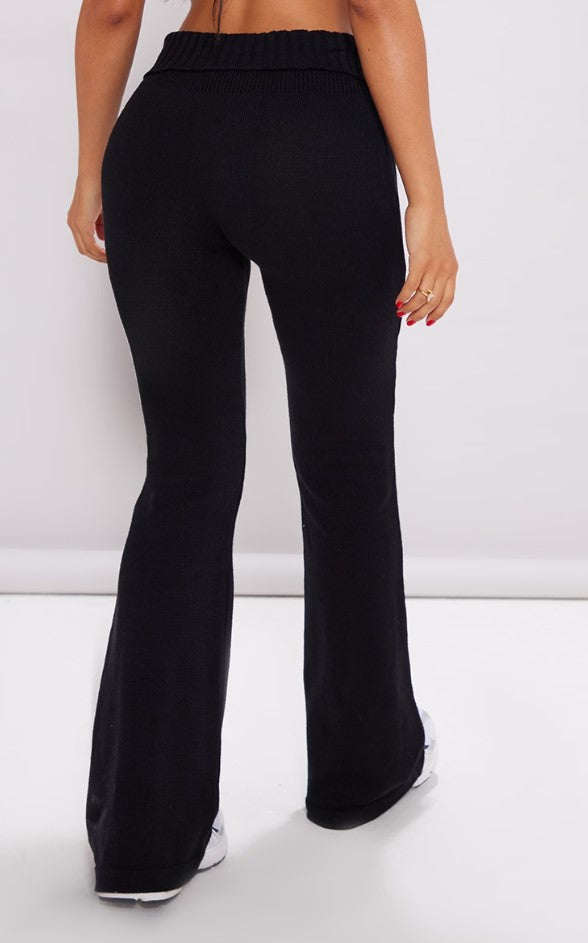 Petite Black Knitted Fold Over Flared Trousers