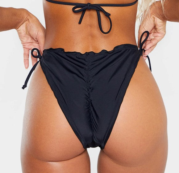 Black Frill Edge Ruched Back Bikini Bottoms