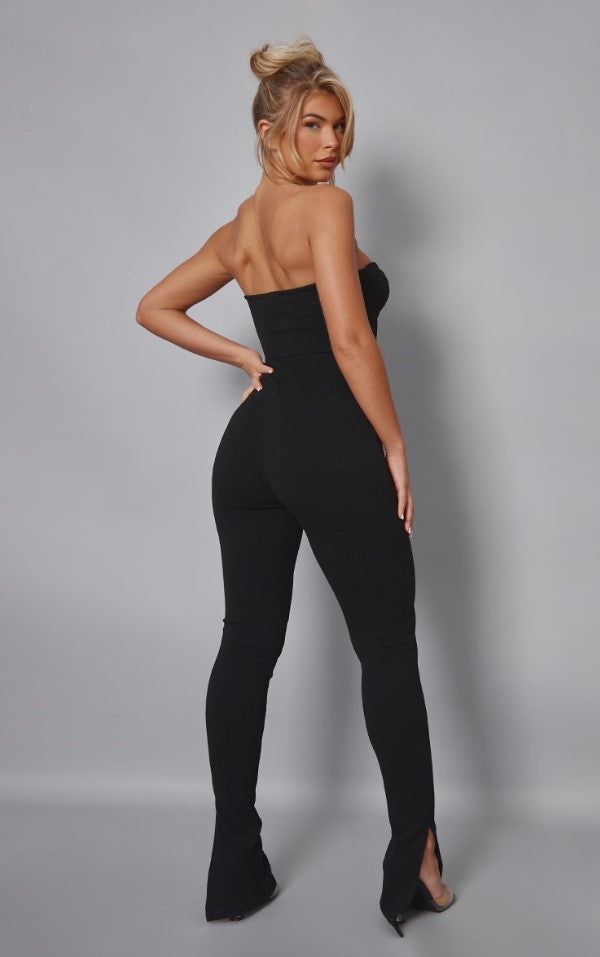 Black Textured Rib Corset Bandeau Split Hem Jumpsuit