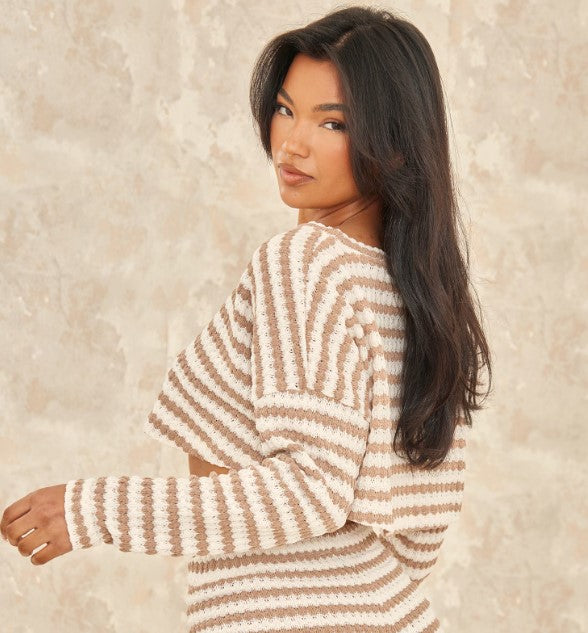 Taupe Stripe Textured Rib Oversized Crop Top