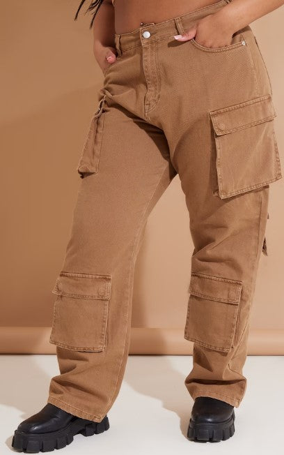 Plus Mocha Wide Leg Denim Cargo Jeans