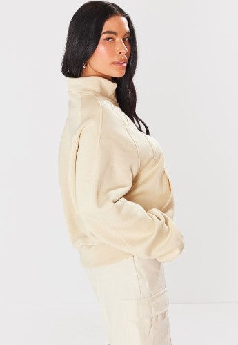 Cream Panelled Detail Zip Up Pocket Sweatshirt